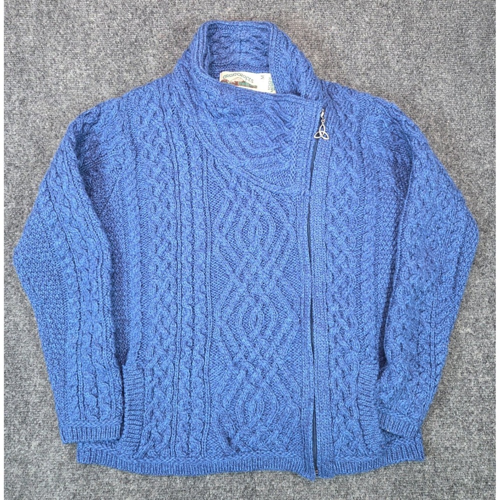 Aran Crafts Wool Cardigan Sweater Womens Medium Blue Asymetrical Zip Cable Knit